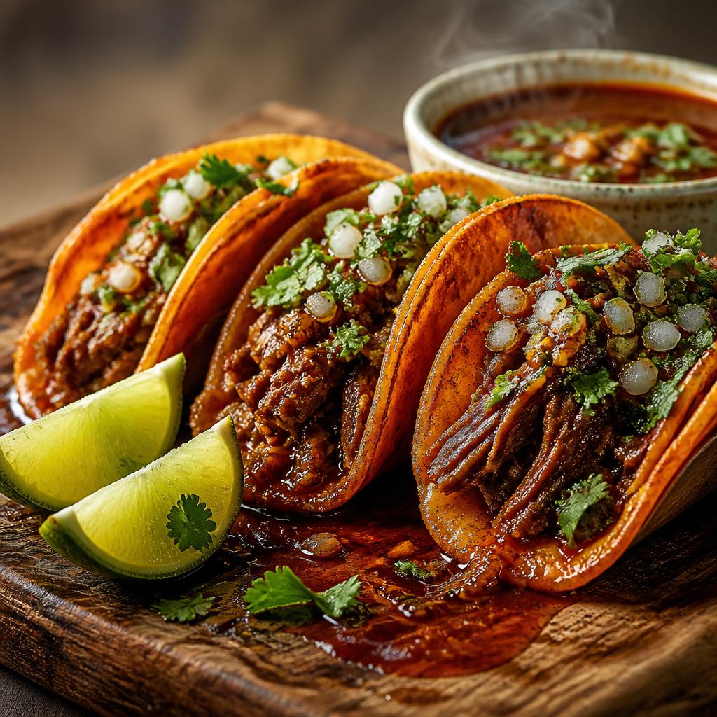 Hand holding a juicy halal birria taco with melted cheese and consomé dripping